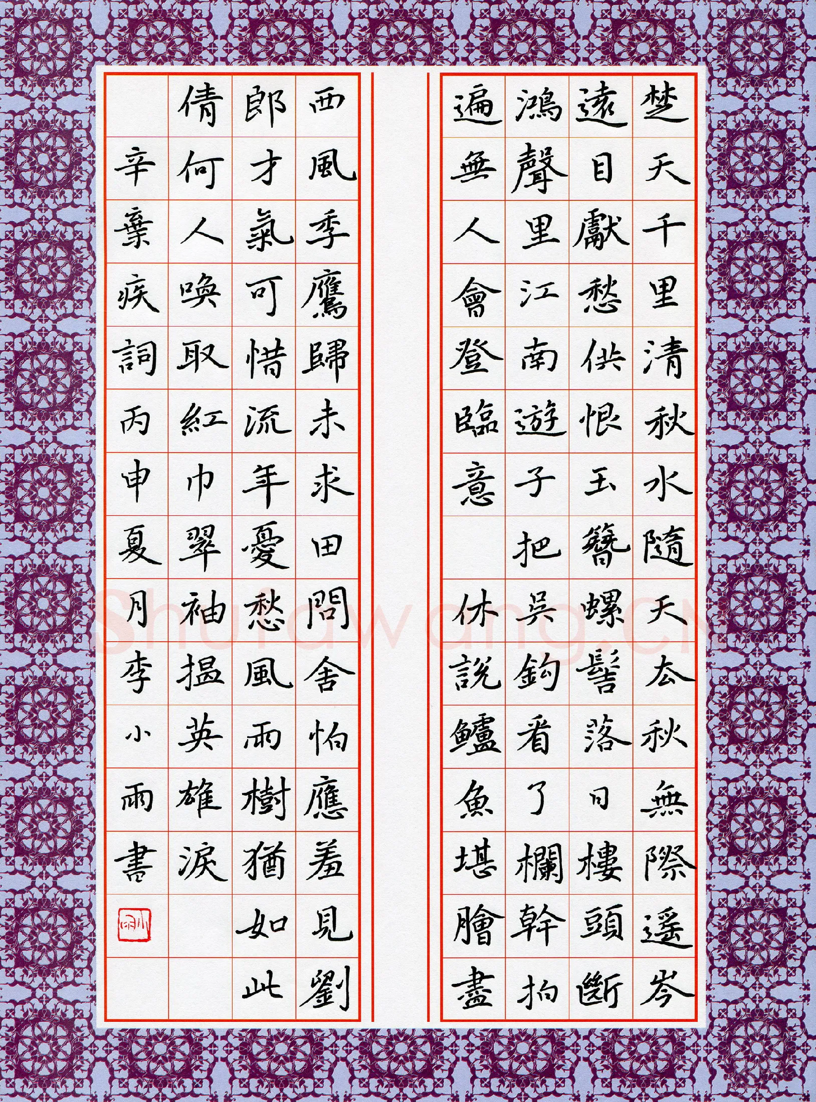 李小雨硬笔楷书辛弃疾词,李小雨硬笔书法作品
