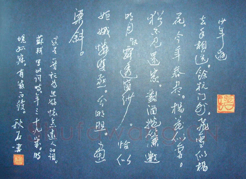 李国庆硬笔行书苏轼少年游,李国庆硬笔书法作品