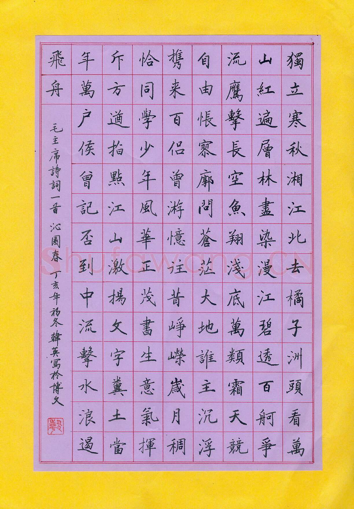 韩英硬笔楷书毛泽东词一首,硬笔书法作品