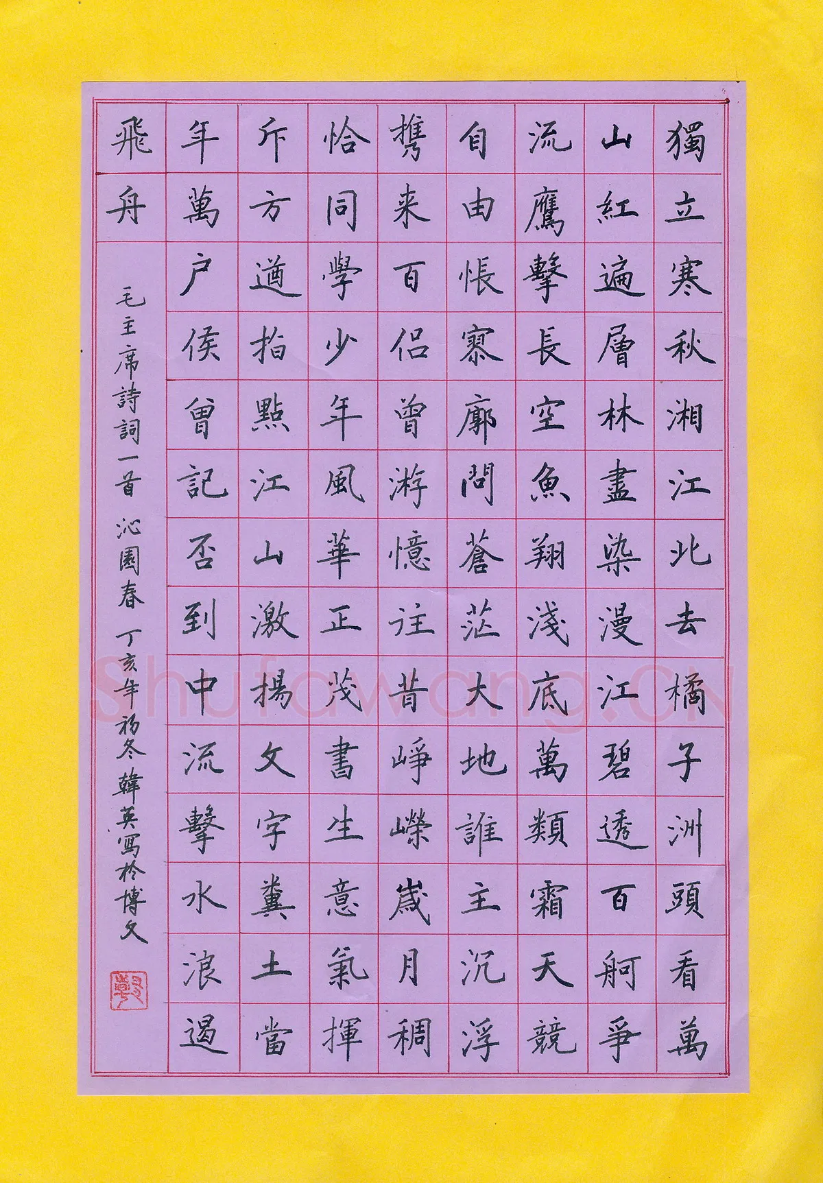 韩英硬笔楷书毛泽东词一首,硬笔书法作品