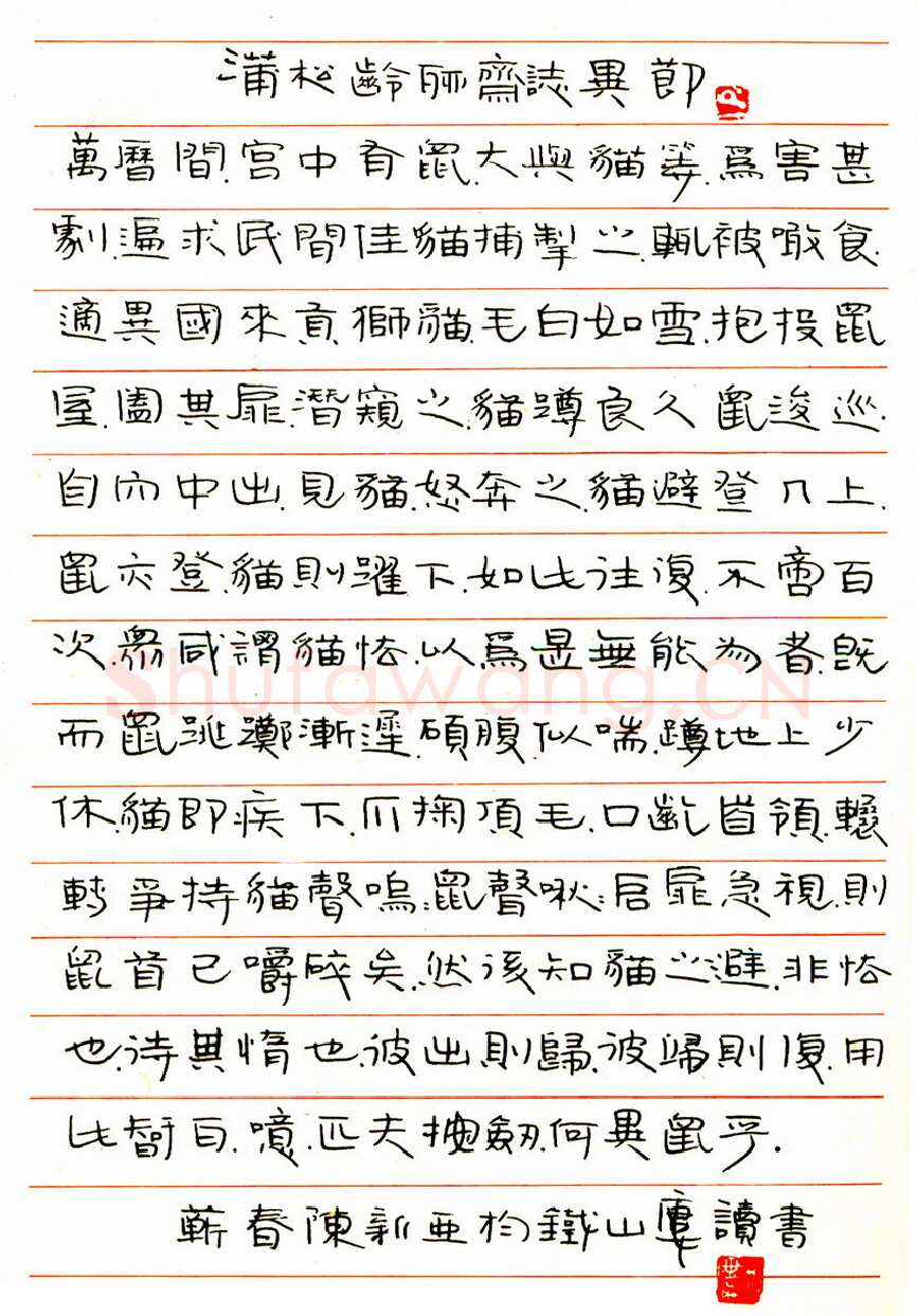 陈新亚硬笔隶书蒲松龄聊斋志异节录 硬笔书法作品欣赏