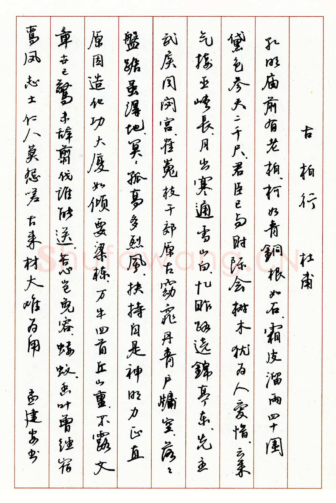 孟建安硬笔行书杜甫诗古柏行 硬笔书法作品欣赏