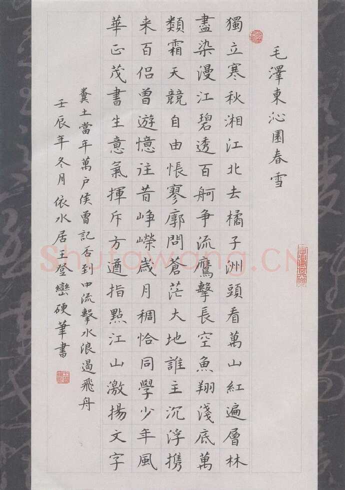 王登峦硬笔楷书毛泽东词沁园春,王登峦硬笔书法作品