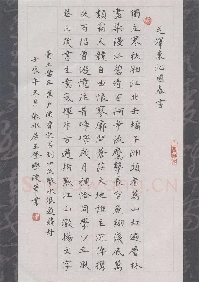 王登峦硬笔楷书毛泽东词沁园春,王登峦硬笔书法作品