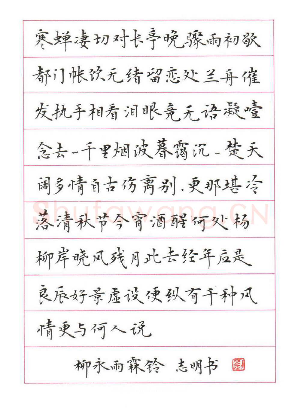 刘志明硬笔楷书柳永词雨霖铃,刘志明硬笔书法作品