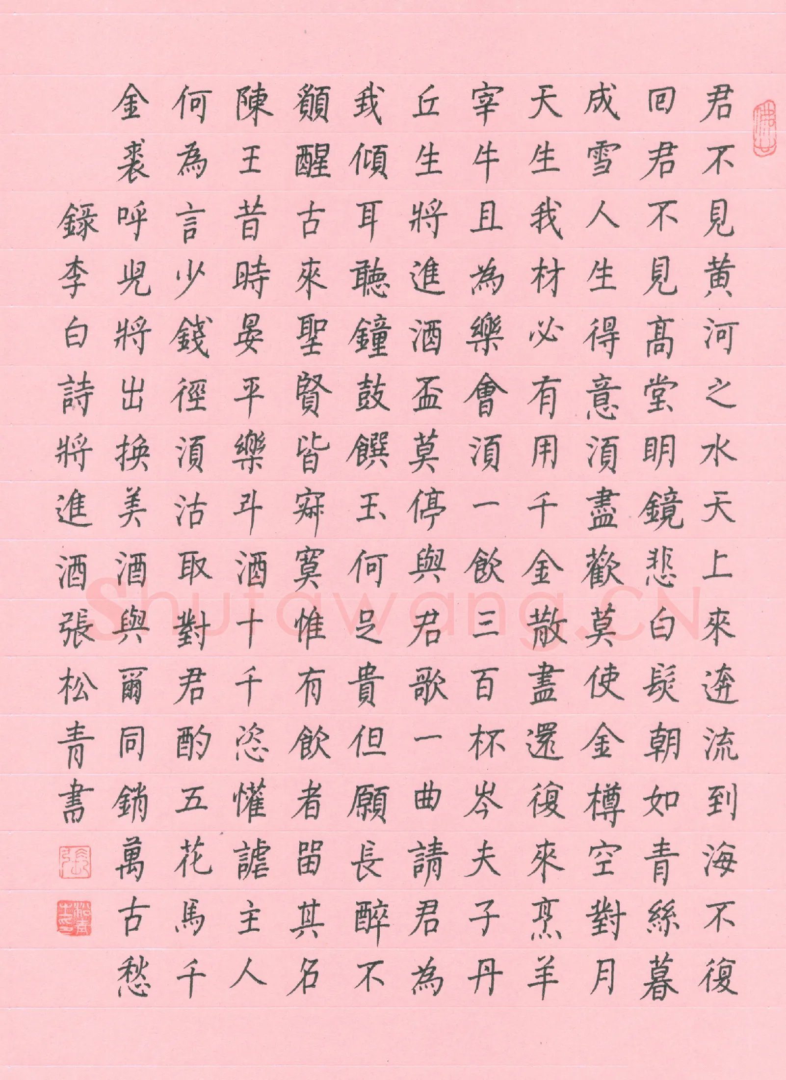 张松青硬笔楷书李白诗将进酒,张松青硬笔书法作品