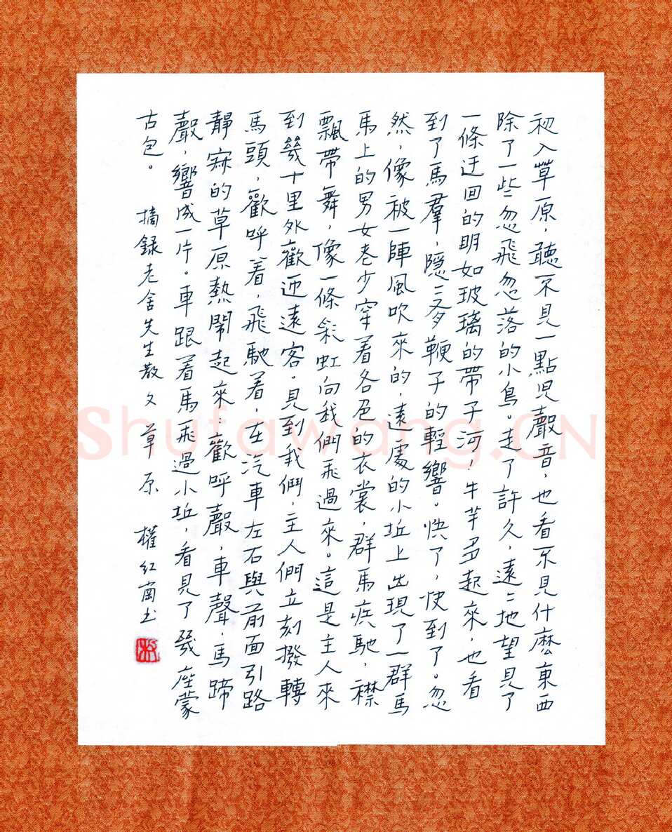 权红岗硬笔楷书老舍散文草原,硬笔书法作品