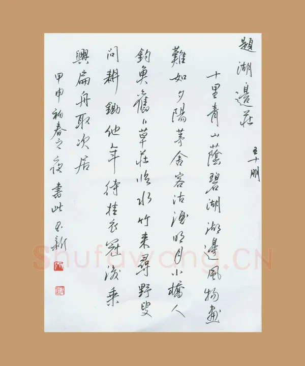 齐玉新硬笔行草王十朋题湖边庄,齐玉新硬笔书法作品