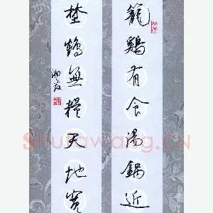 苏湘发 硬笔行书 笼鸡野鹤七言联