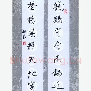 苏湘发 硬笔行书 笼鸡野鹤七言联
