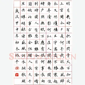 张平 硬笔楷书 苏轼水调歌头