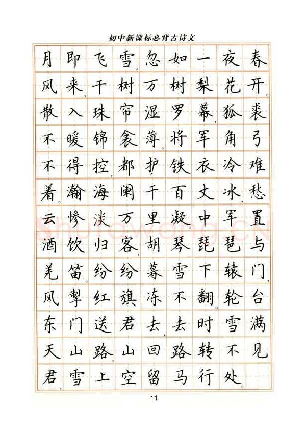 卢中南硬笔楷书字帖,摘自卢中南初中必背古诗文楷书字帖